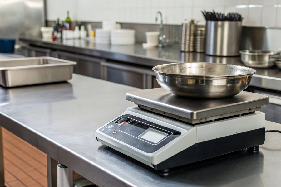Fixing a commercial kitchen scale A high-quality commercial kitchen scale on a stainless steel counter.