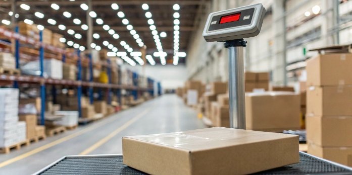 Shipping Scale Troubleshooting A close-up of a digital shipping scale displaying an error message in a warehouse setting.