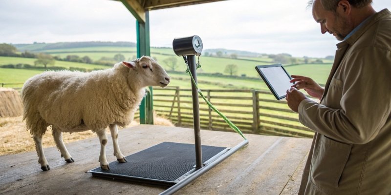 Interpreting Sheep Weight Data A digital livestock scale showing a sheep's weight with a farmer looking at a tablet.