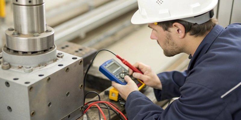 Testing Load Cell Sensitivity Manually A technician using a multimeter to test an industrial load cell