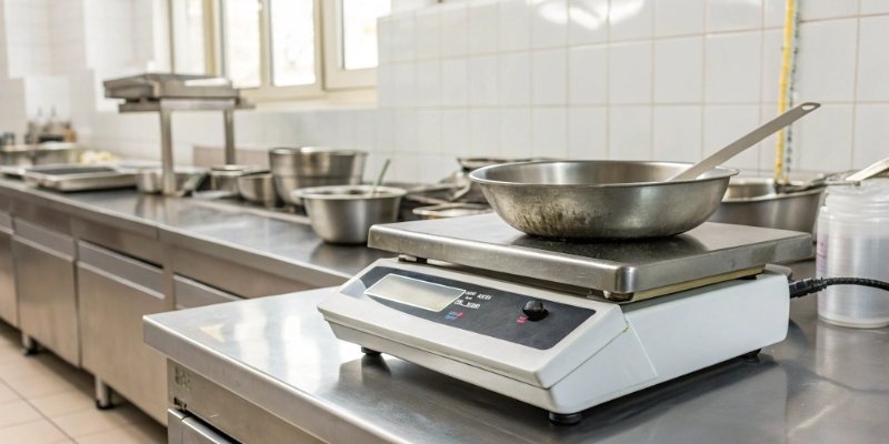 Digital Scale Care Best Practices A clean digital scale in a commercial kitchen setting
