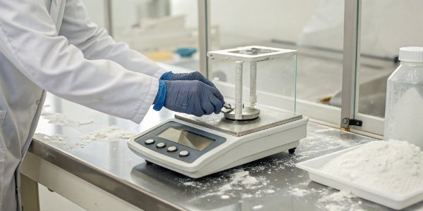 Proactive Digital Scale Maintenance A close-up of a digital scale being calibrated by a technician in a clean lab environment