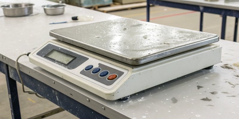 Properly Cleaned Digital Scale A clean industrial digital scale on a workbench