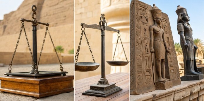 A collage showing the evolution of weighing scales from ancient balances to modern digital scales.