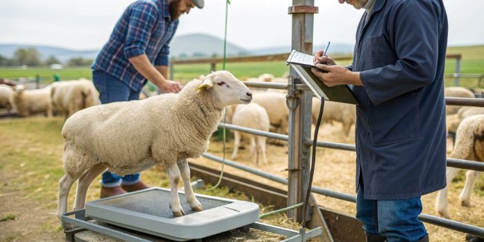 Importance of Weighing Sheep for Farm Management A farmer weighing a sheep on a Weigherps scale.