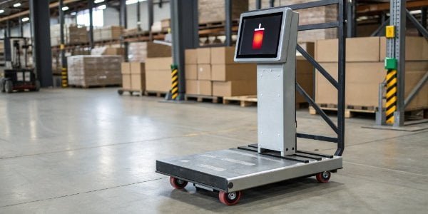 An industrial scale showing a low battery warning icon on its digital display