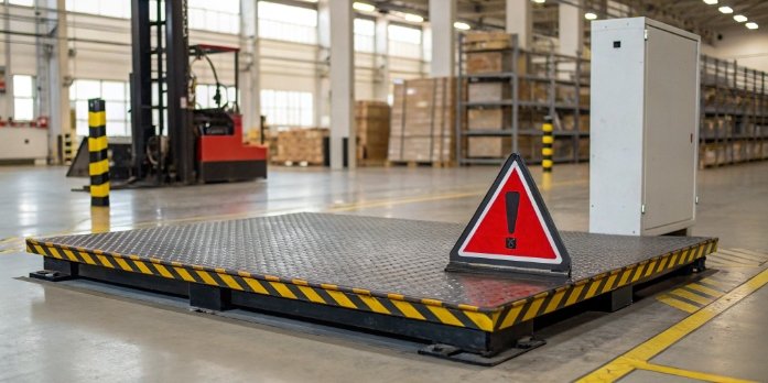 Scale Overload Damage An industrial floor scale with a warning symbol indicating overload
