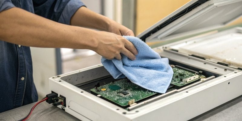 A person safely cleaning the inside of an industrial scale with a dry cloth.