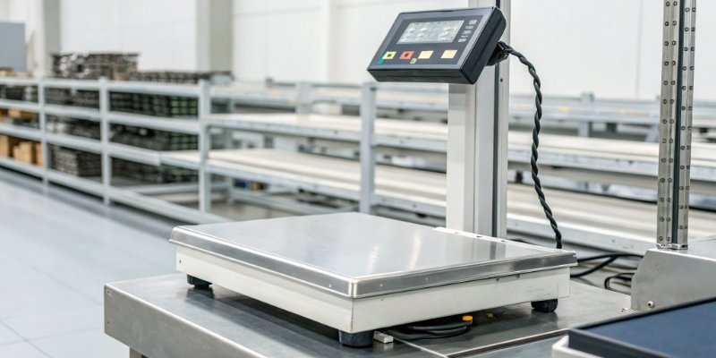 Scale with Gross, Tare, and Net Weight Printing A modern industrial scale with an attached printer displaying weight data.