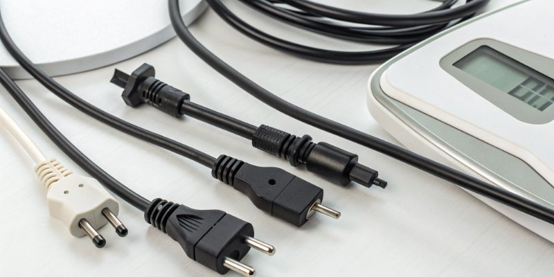 Choosing the right power cord for an industrial scale An assortment of power cords and a digital scale