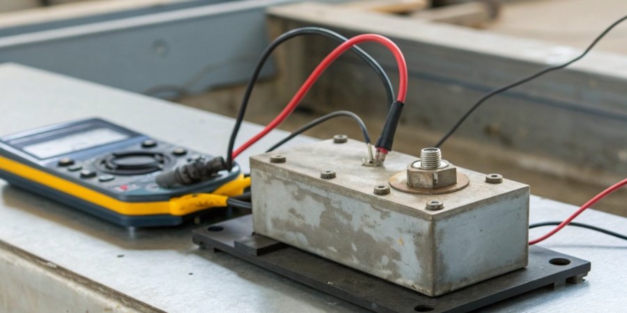 A load cell with a worn label next to a multimeter and calibration weight