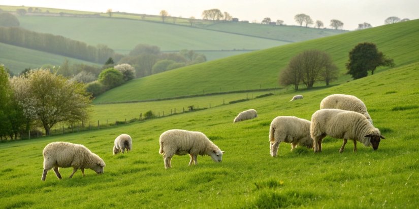 a small flock of five sheep grazing peacefully in a green pasture