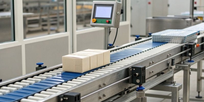 Diagram showing how a checkweigher works on a conveyor belt