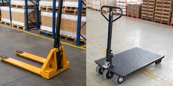 Floor Scale vs. Pallet Jack Scale A side-by-side comparison of a floor scale and a pallet jack scale in a warehouse.