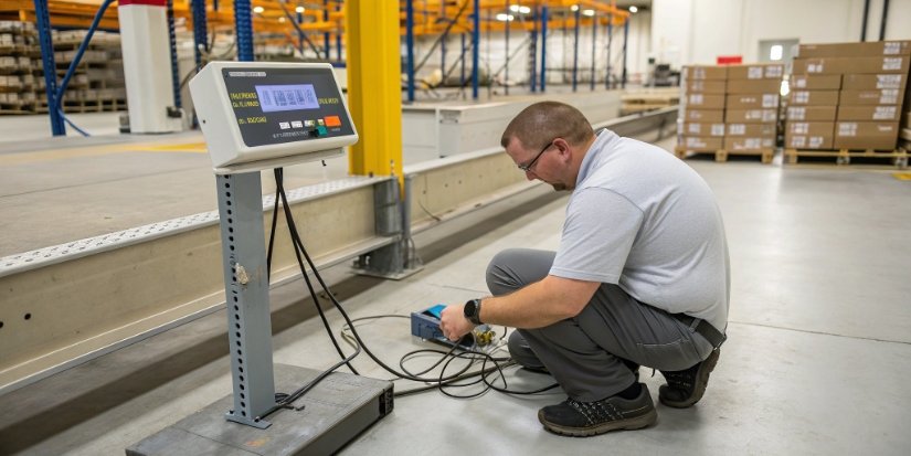 Inspecting a Faulty Scale A technician checking the connections underneath a platform scale.