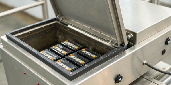 Close-up of a battery compartment in an industrial weighing terminal