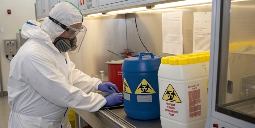 Safety Precautions for Handling Chemicals A scientist wearing full PPE, including gloves and goggles, while working with chemicals.