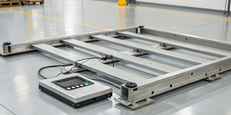 An exploded view of an industrial scale showing the platform, load cells, and digital indicator separately