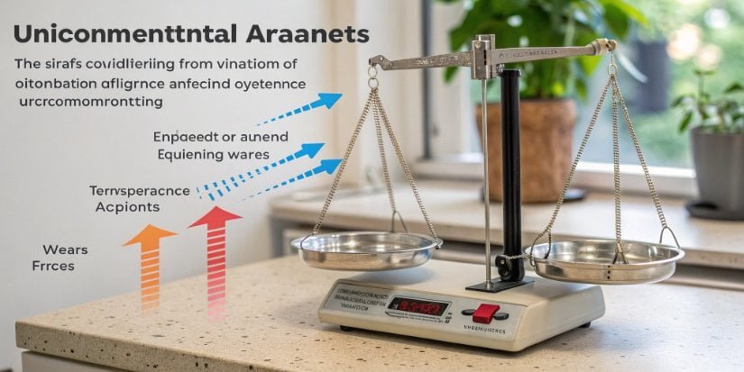 An illustration showing arrows for drafts, vibration waves, and temperature gradients affecting a lab balance.