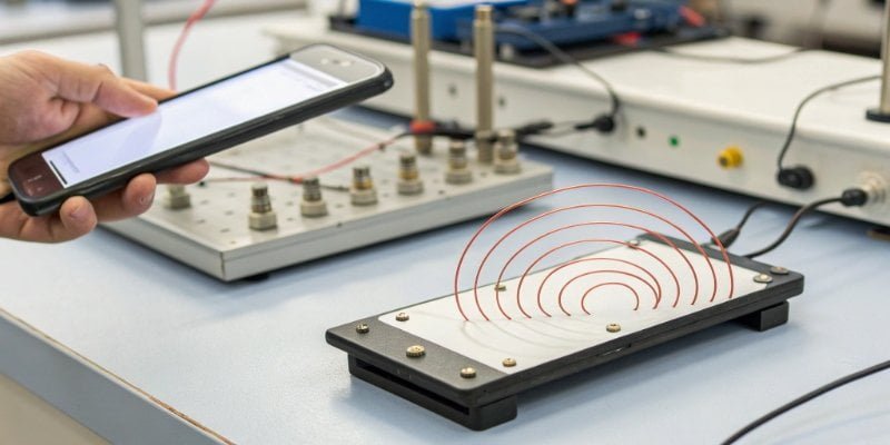 Mechanism of EMI on Digital Scales Diagram showing electromagnetic waves from a phone affecting a scale's load cell