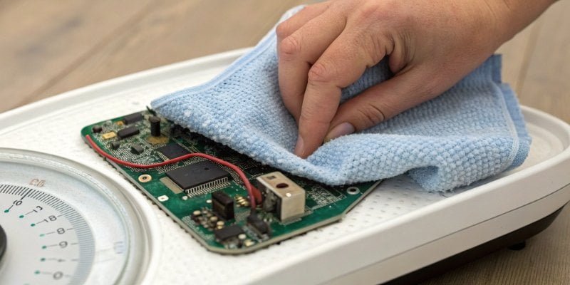 Close-up of a hand using a soft, dry cloth on a scale's internal sensor.