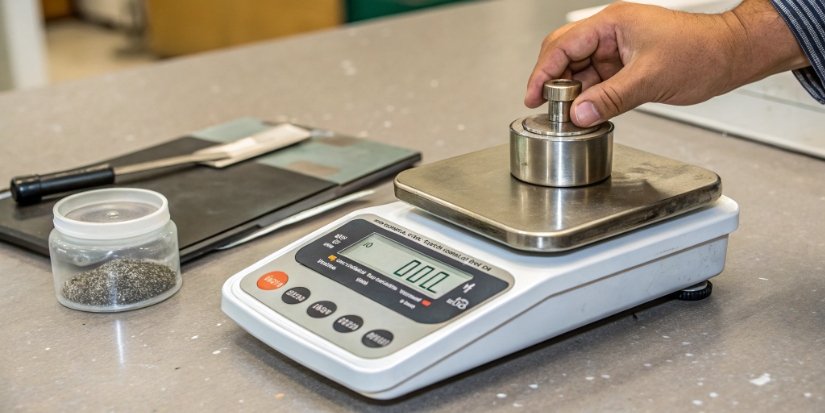 Calibrating a Digital Scale with a Certified Weight A hand placing a calibration weight on a digital scale