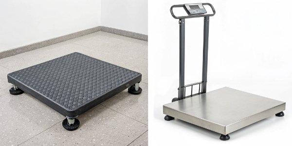 Floor Scale and Bench Scale Comparison A large floor scale next to a compact bench scale