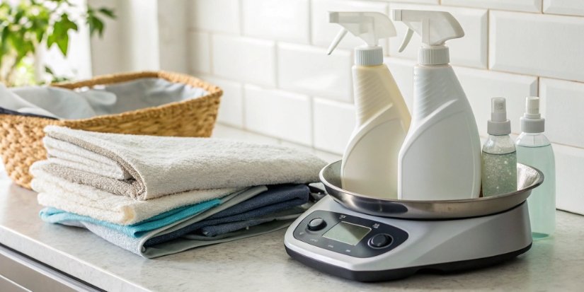 Sanitizing a Commercial Kitchen Scale Cleaning supplies next to a digital kitchen scale
