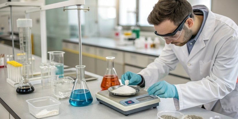 A scientist using a balance in a chemistry lab