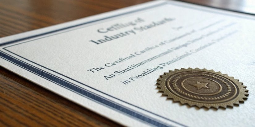 Industry Standards Certificate An official-looking document or certificate with a seal, representing industry standards.
