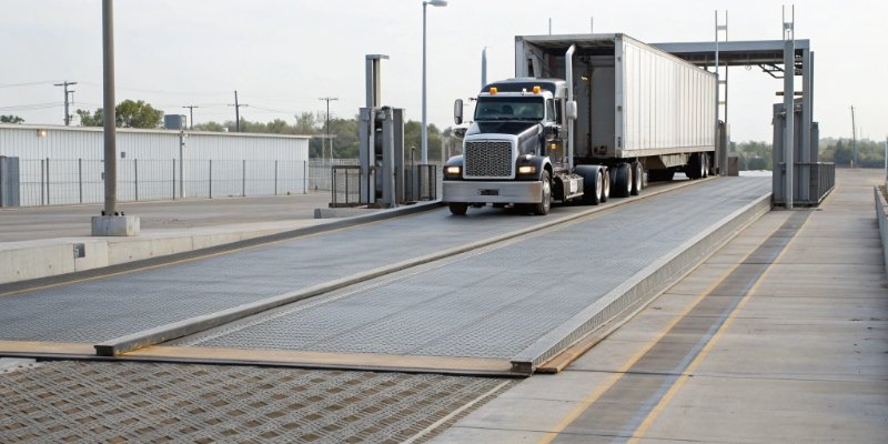 Modern Weighbridge in Use A large truck driving onto a full-length weighbridge
