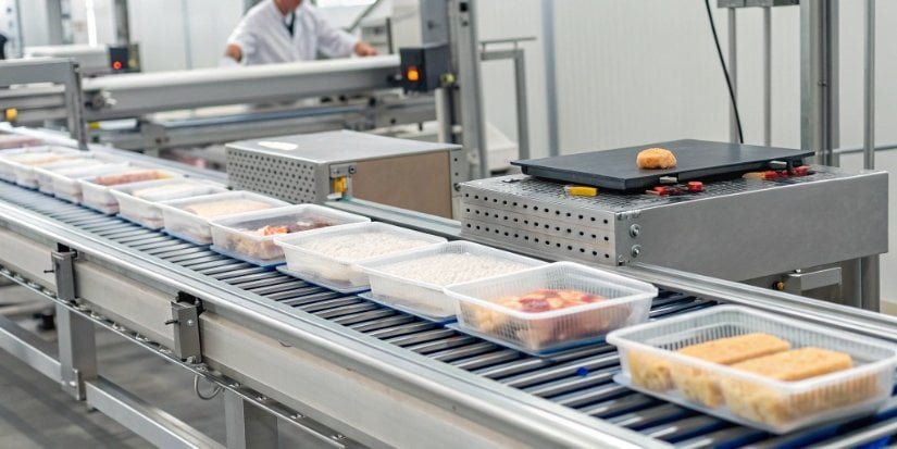 Checkweigher in Food Production A checkweigher inspecting food packages on a fast-moving production line
