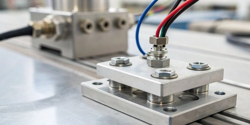 Inspecting a Scale's Load Cell A close-up of a scale's load cell sensor being inspected