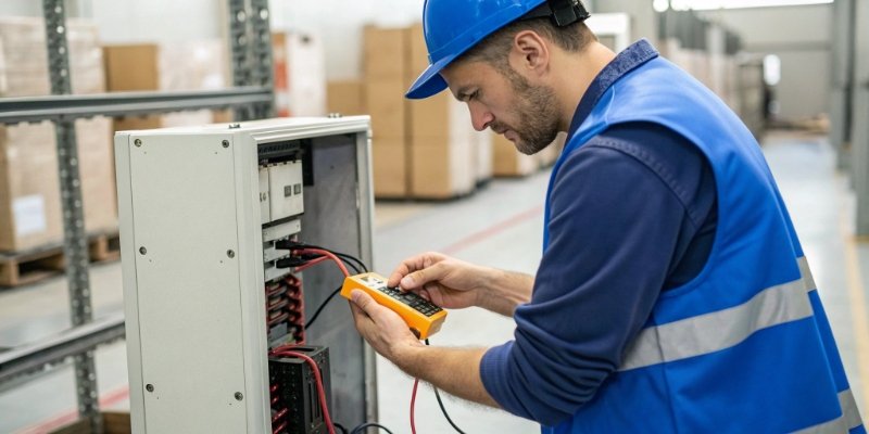 Checking digital scale power A technician checking the power supply of an industrial scale