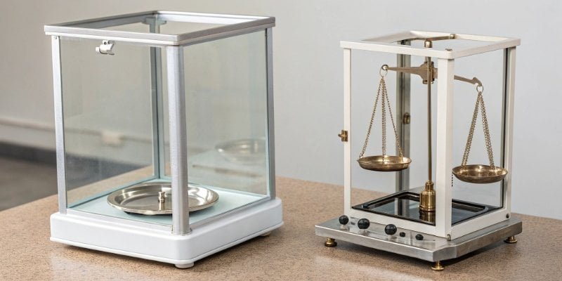 Comparison of Top-Loading and Analytical Balances Side-by-side comparison of a top-loading balance and an analytical balance with a draft shield.
