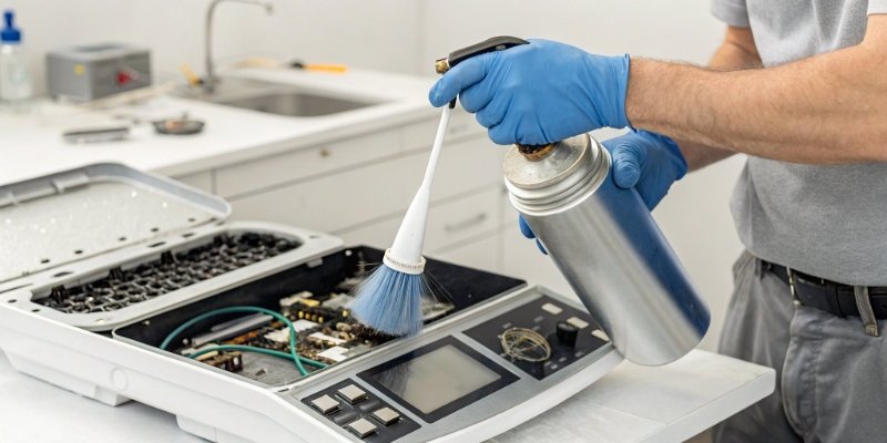 Technician cleaning an industrial scale with an anti-static brush