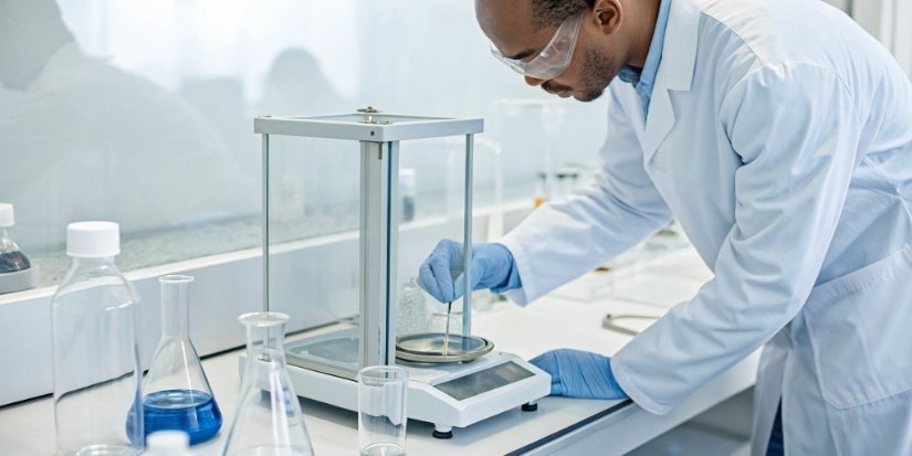 Weighing Active Pharmaceutical Ingredients A lab technician carefully placing a sample onto a precision scale with a draft shield.