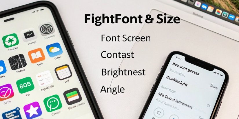 Readability Factors Icons representing font size, screen contrast, and brightness angle.