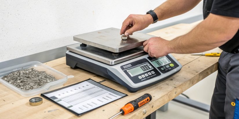 A person calibrating a digital scale with a standard weight