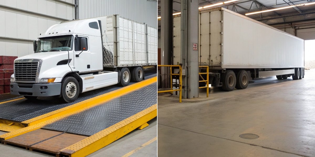 Static vs. Dynamic States An image comparing a stationary truck on a weighbridge (static) to a truck moving over an in-motion scale (dynamic).