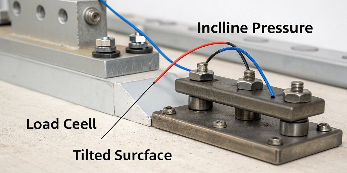 Load cell mechanics on uneven surface Diagram showing forces on a load cell on a flat vs. tilted surface