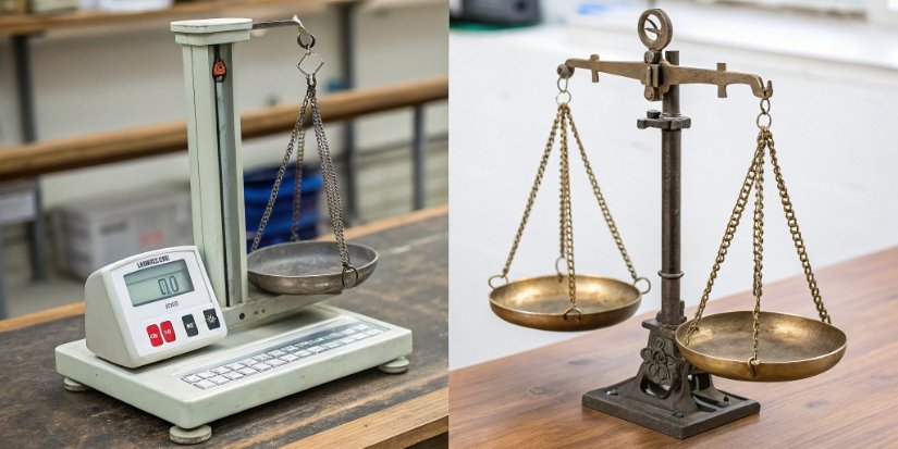 Side-by-side comparison of an industrial scale and a precision balance