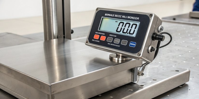 A close-up of a digital scale indicator showing weight, with a durable stainless steel platform in the background.