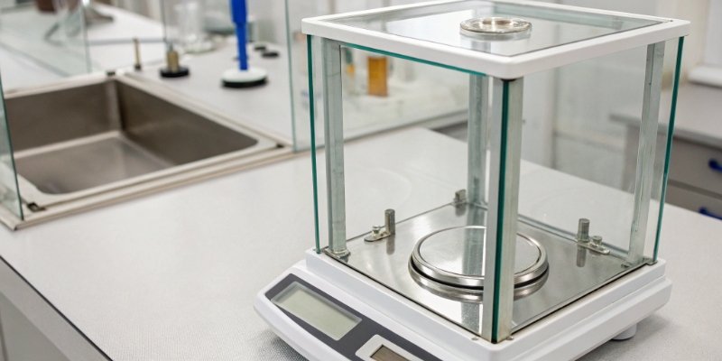 Close-up of a Draft Shield A close-up view of a draft shield's glass panels on an analytical balance.