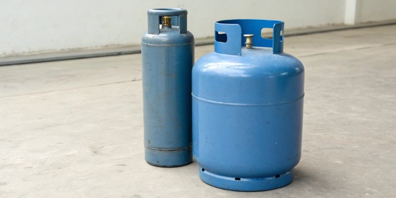 Understanding Tare, Net, and Gross Weight An empty gas cylinder standing next to a full one.
