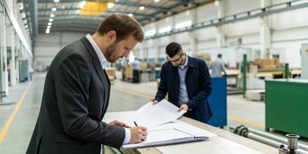 Manufacturer's Responsibility for CofC A document being signed by a manufacturer in a factory setting, with a seller inspecting it.