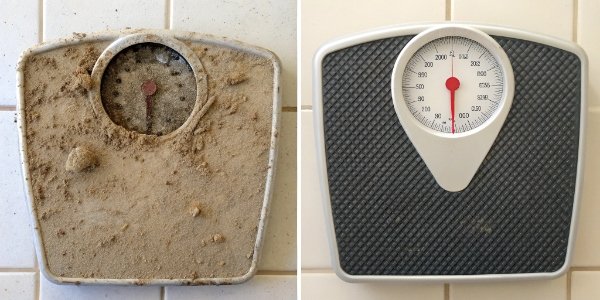 Common Causes of Digital Scale Failure A split image showing a dusty, overloaded scale on one side and a clean, properly used scale on the other