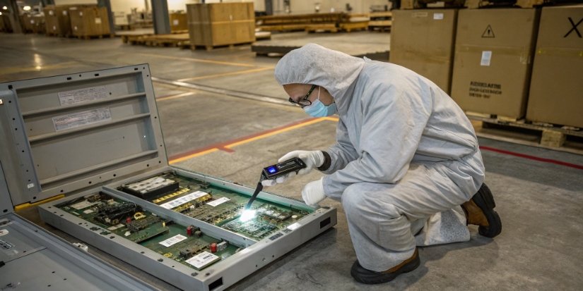 Common Causes of Scale Errors A technician inspecting the internal components and sensors of an industrial shipping scale.