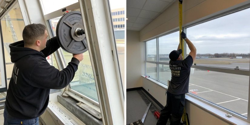 Common Balance Errors A split image showing a drafty window on one side and a person placing a weight off-center on the other.