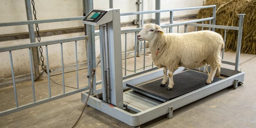 Calculating Sheep Weight with an Electronic Scale An electronic livestock scale with a sheep inside a crate